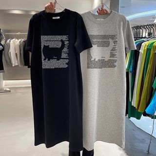 Hazie Elbow-Sleeve Crew Neck Lettering Print Midi T-Shirt Dress Sale