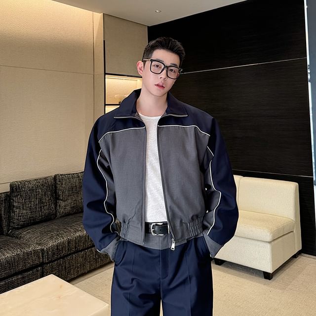 Freehop-Stand Collar Two Tone Zip Jacket