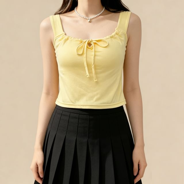 Lemongrass-Tie-Neckline Plain Crop Tank Top