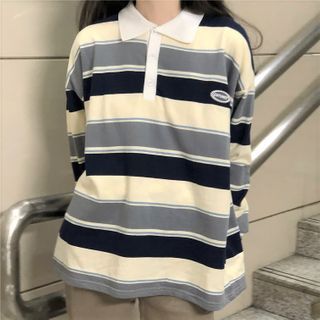 Long-Sleeve Striped Polo Shirt | YesStyle