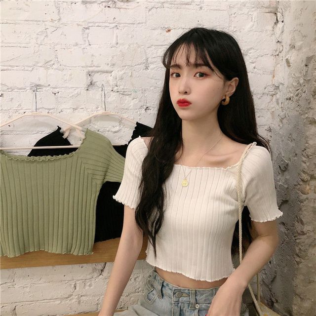 Hevnir-Short-Sleeve Square Neck Plain Ribbed Crop Knit Top