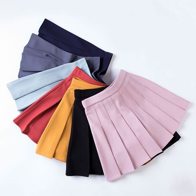 Woohan-High Waist Mini A-Line Pleated Skort