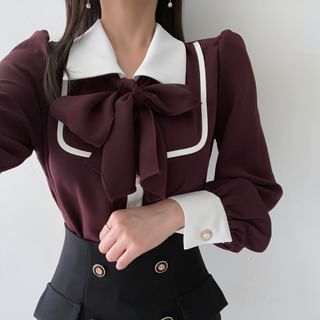 MELLO Long-Sleeve Collared Ribbon Neck Two Tone Blouse