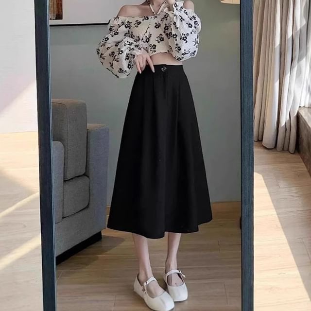 Woohan-High Waist Plain Midi A-Line Skirt
