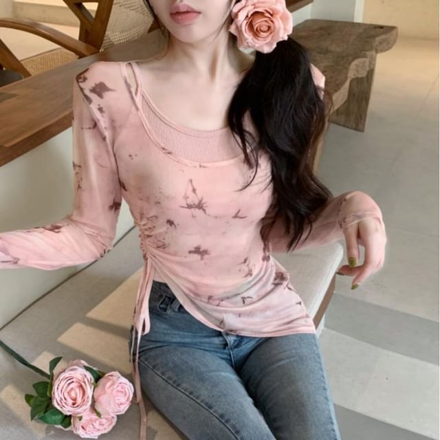 Yako-Set Long Sleeve Scoop Neck Tie Dye Drawstring Top Plain Cami Top
