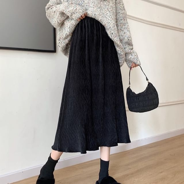 Sisyphi-High Rise Plain Midi A-Line Skirt