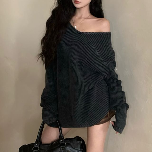 monroll-Off Shoulder Long Sleeve Plain Ribbed Knitted Sweater