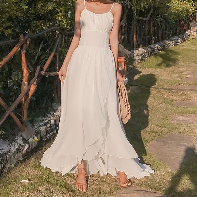 Yilda-Spaghetti Strap Ruffle Plain Maxi A-Line Dress