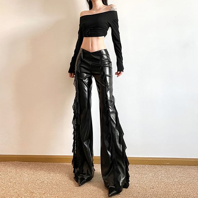 Bababy-Mid Rise Plain Ruffle Panel Faux Leather Flared Pants