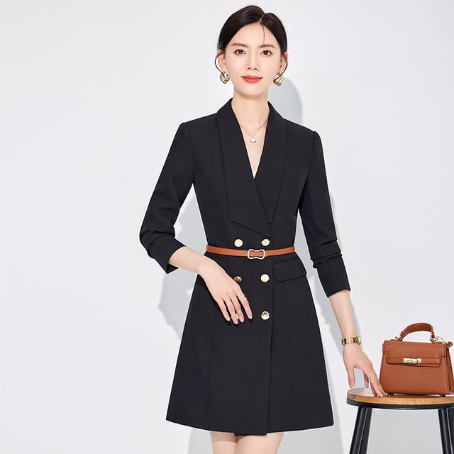 Skyheart-Long-Sleeve V-Neck Plain Double-Breasted Mini A-Line Blazer Dress