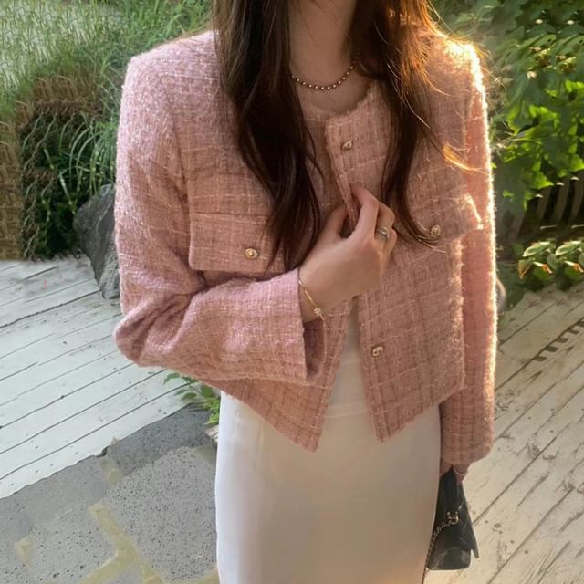 Jesong-Round Neck Plaid Tweed Button Jacket
