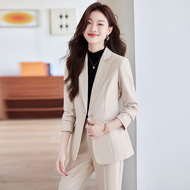 Skyheart-Peak Lapel Plain Single-Button Blazer High Waist Flared Pants Set