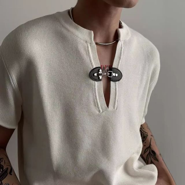 GRAYCIOUS-Short Sleeve Notch Neck Plain Buckle Knit Top