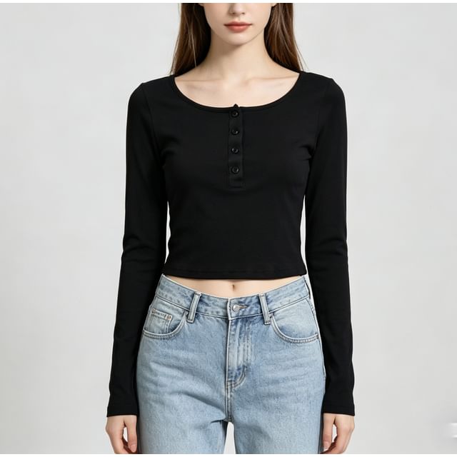 Asiris-Long Sleeve Crew Neck Button Up Plain Slim-Fit Crop Top