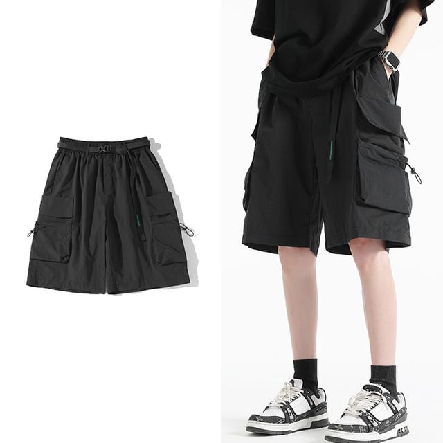 KUMI-Elastic Waist Plain Cargo Shorts