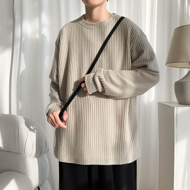 Plummie-Crew Neck Plain Waffle Oversized Sweatshirt