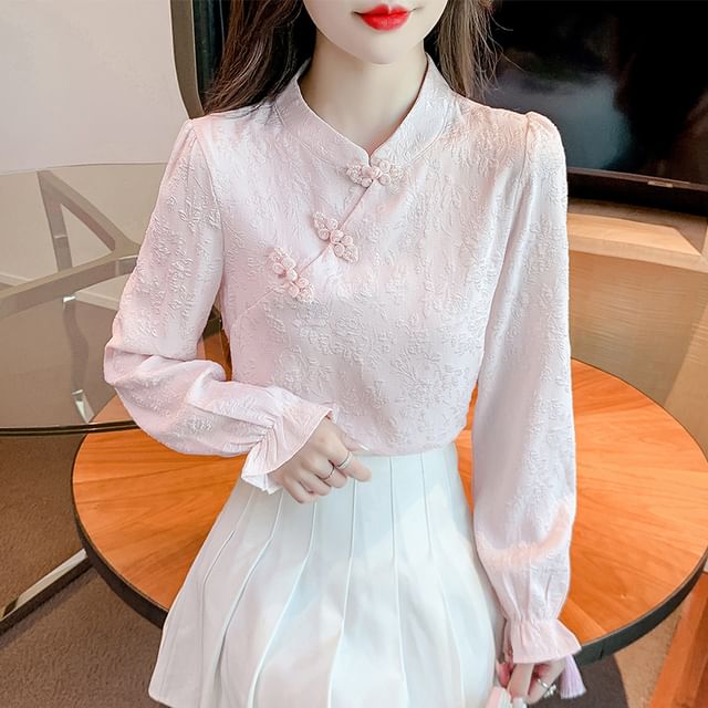 Dragan Pulse-Long-Sleeve Stand Collar Plain Top