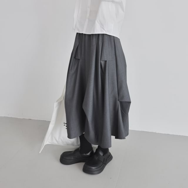SIMPLE BLACK-High Wait Plain Midi A-Line Skirt