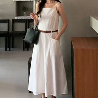 Jesong-Spaghetti Strap Plain Midi A-Line Dress