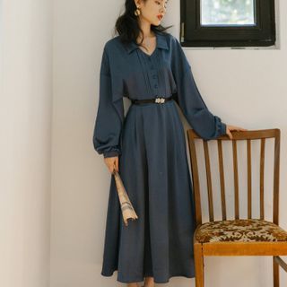 Cedar Smile - Long-Sleeve Plain Midi Shirtdress | YesStyle