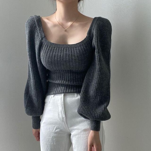 Ango - Bishop-Sleeve Scoop-Neck Knit 