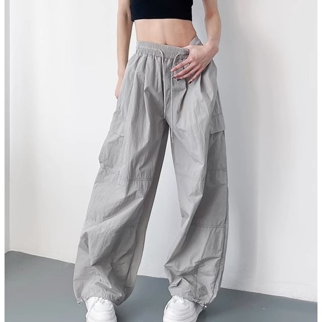 Cloud Nine-Drawstring Waist Plain Baggy Cargo Pants