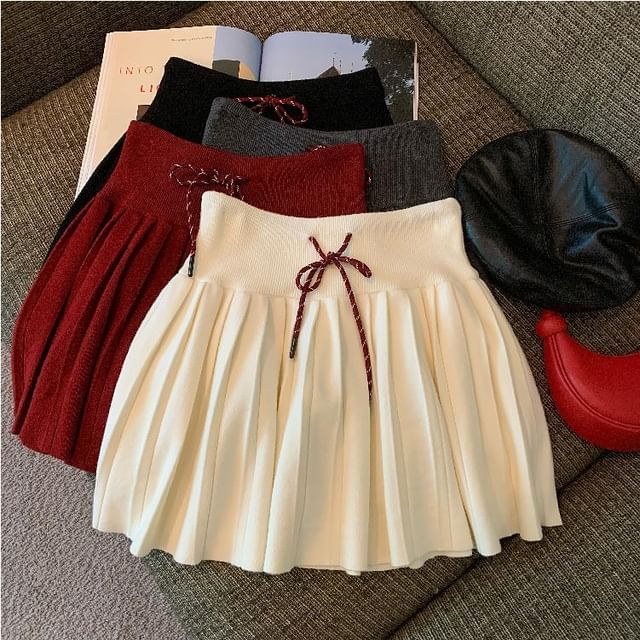 Shinsei-Drawstring Waist Plain Pleated Knit Mini A-Line Skirt