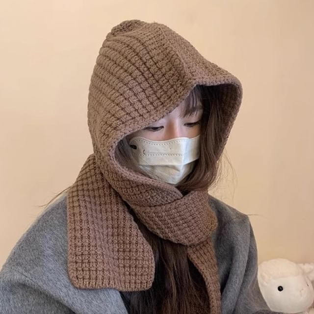 Pompabee-Plain Knit Hooded Scarf