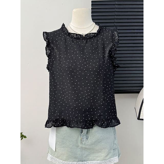 Lemongrass-Sleeveless Dotted Round-Neck Shirt