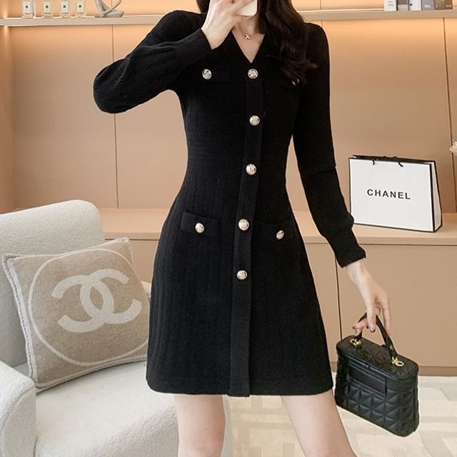 EFO-Long-Sleeve V-Neck Plain Mini A-Line Dress