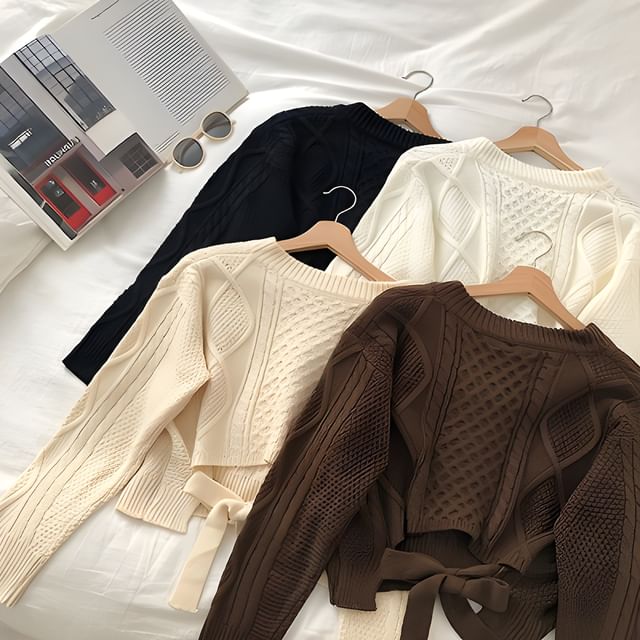 DIYI - V-Neck Plain Cable Knit Cropped Sweater with Tie-Back Detail ...