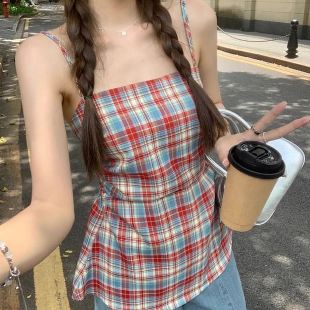 Yako-Spaghetti Strap Plaid Ruched Camisole Top