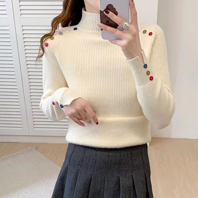 Odestra-Mock Neck Plain Button Detail Sweater
