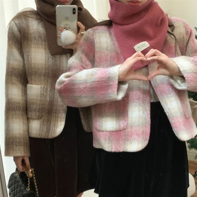 ANORA-V-Neck Plaid Button-Up Crop Jacket Shawl