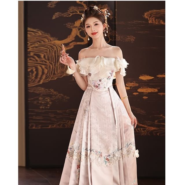 MSSBridal Off Shoulder Floral Bustier Top Flower Midi A-Line