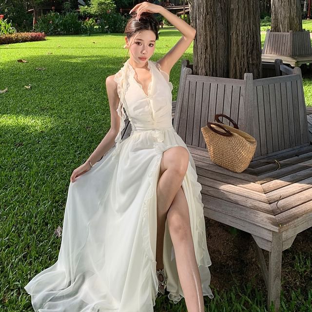 Fioridi-Halter Plain Ruffle Front-Slit Maxi A-Line Dress