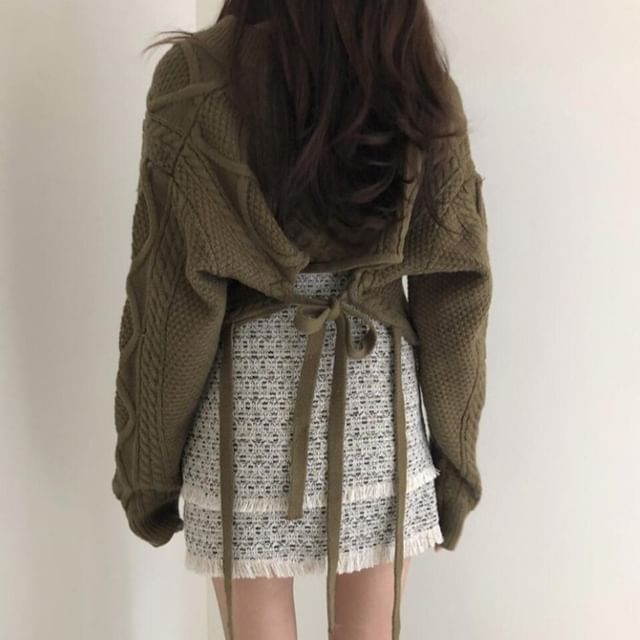 Beaustreet-V-Neck Plain Cable Knit Cropped Sweater