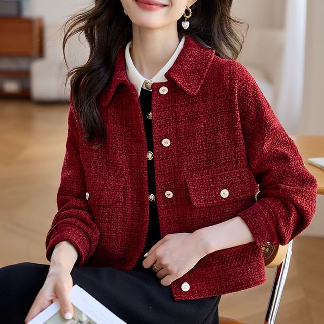 Jeonseon-Collar Plain Tweed Button Jacket