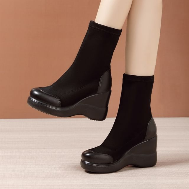 Freesia-Platform Wedge Panel Faux Suede Short Boots