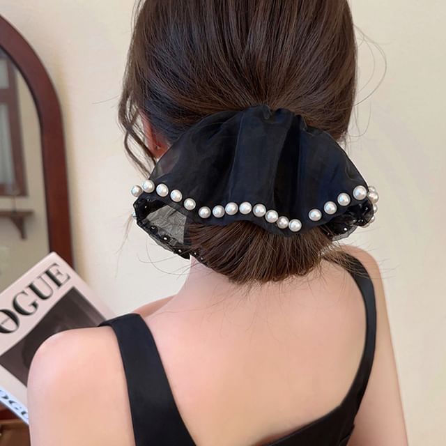 enthice-Plain Faux Pearl Mesh Scrunchie