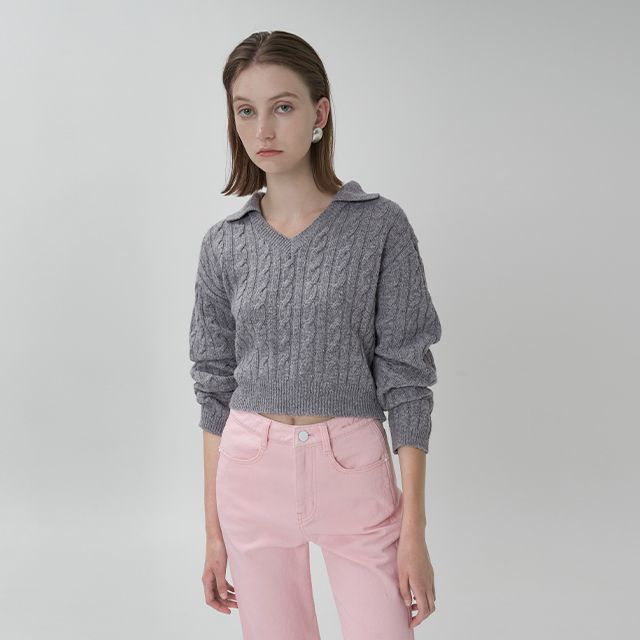 NAIN - Collared Crop Cable Sweater | YesStyle