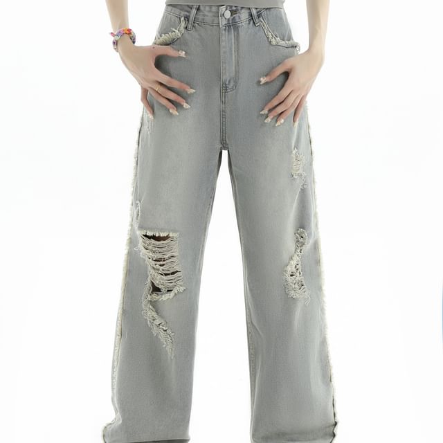 INStudio-High Waist Distressed Wide Leg Jeans