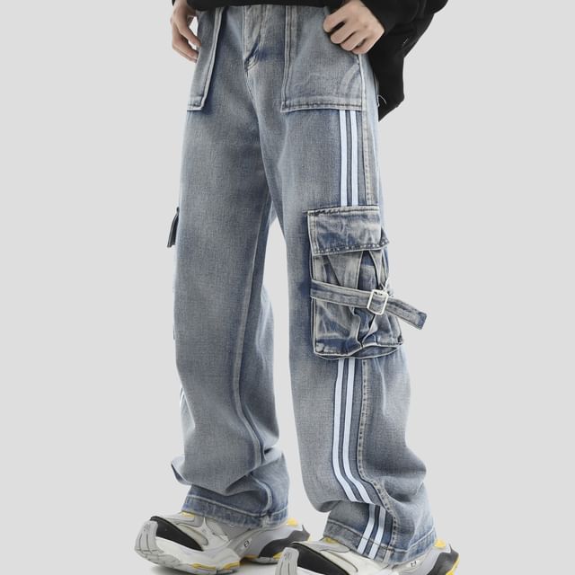 INStudio-Mid Rise Washed Striped Wide Leg Jeans
