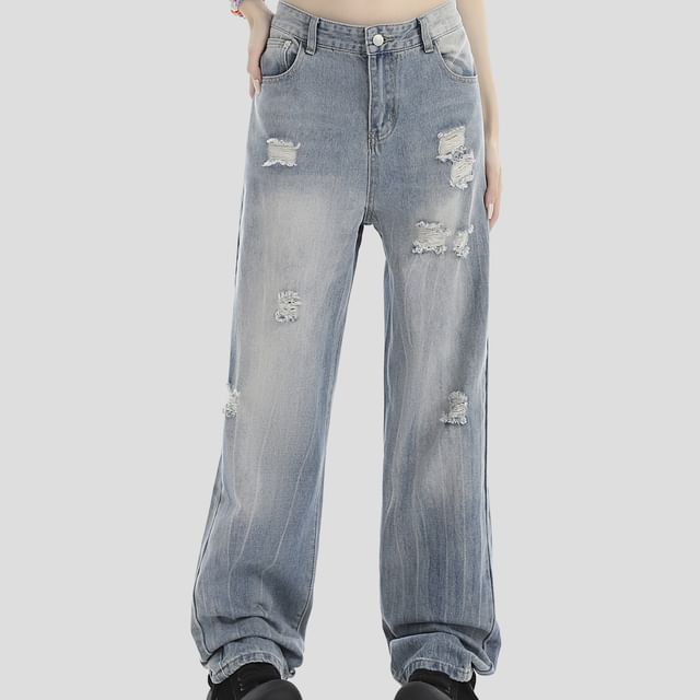 INStudio-Mid Rise Distressed Straight Leg Jeans