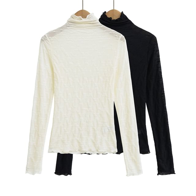 Ulark-Long Sleeve Mock Neck Plain Lace Top