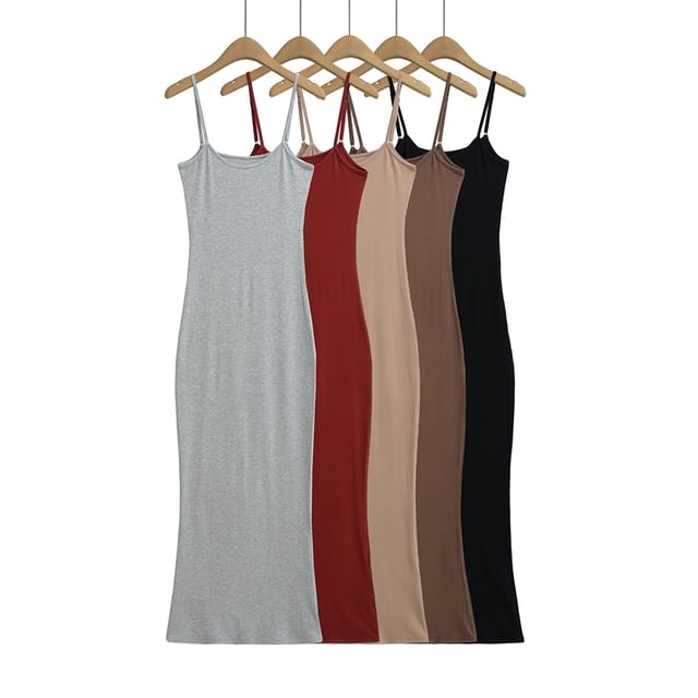 Ulark-Spaghetti Strap Plain Maxi Sheath Dress