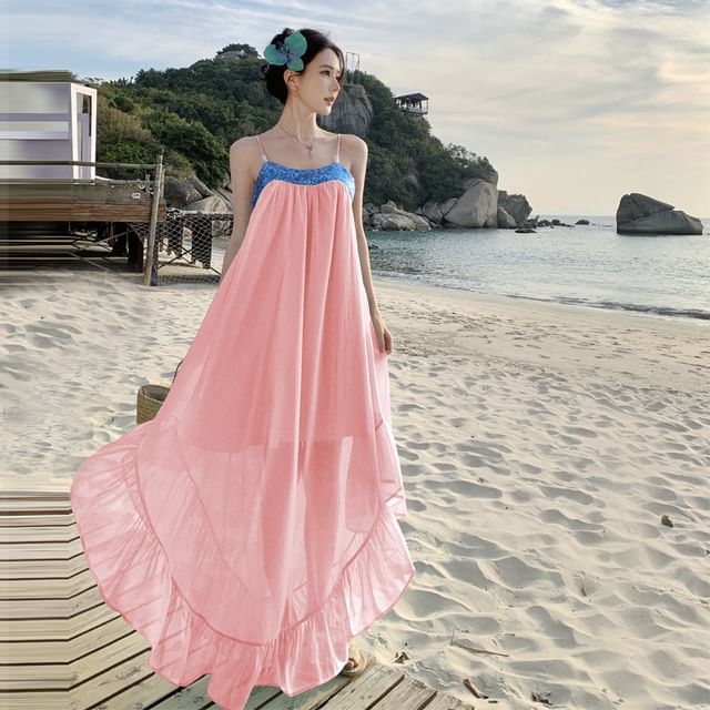 Fioridi-Spaghetti Strap Sequin Ruffle Maxi A-Line Dress