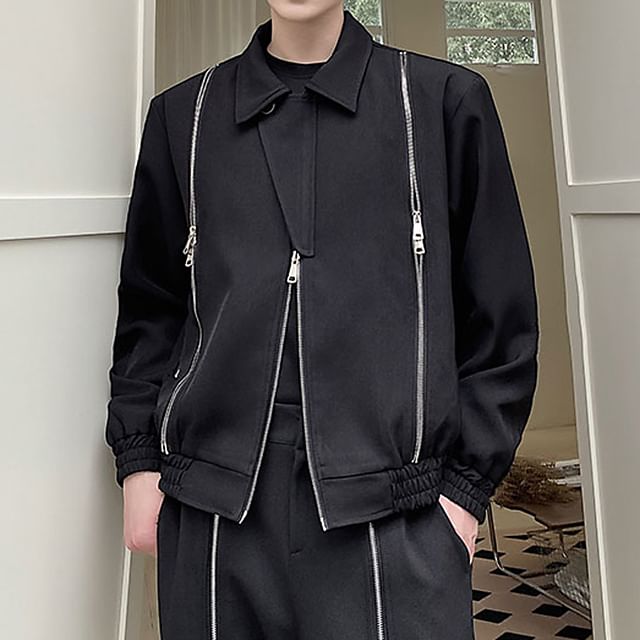 Bjorn-Collared Plain Multi-Zip Jacket