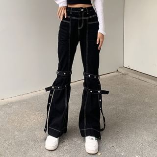 Contrast Stitch Boot Cut Jeans with Tonal Leg Straps
