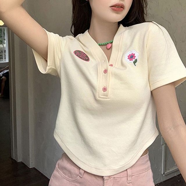 Short Sleeve Lettering Embroidered Shirt